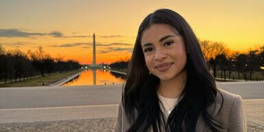 Camila Estrada in front of the Washington Monument