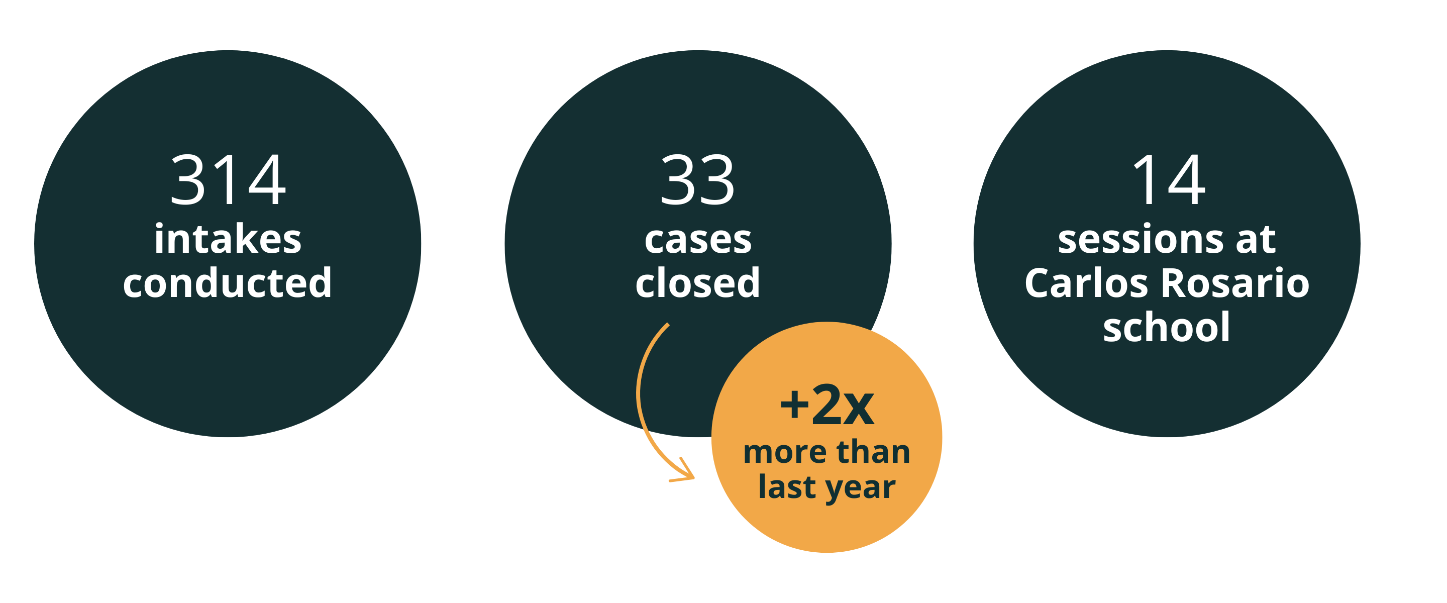 314 immigration intakes. 33 cases closed with representation (+2x more than last year). 14 sessions at Carlos Rosario school.